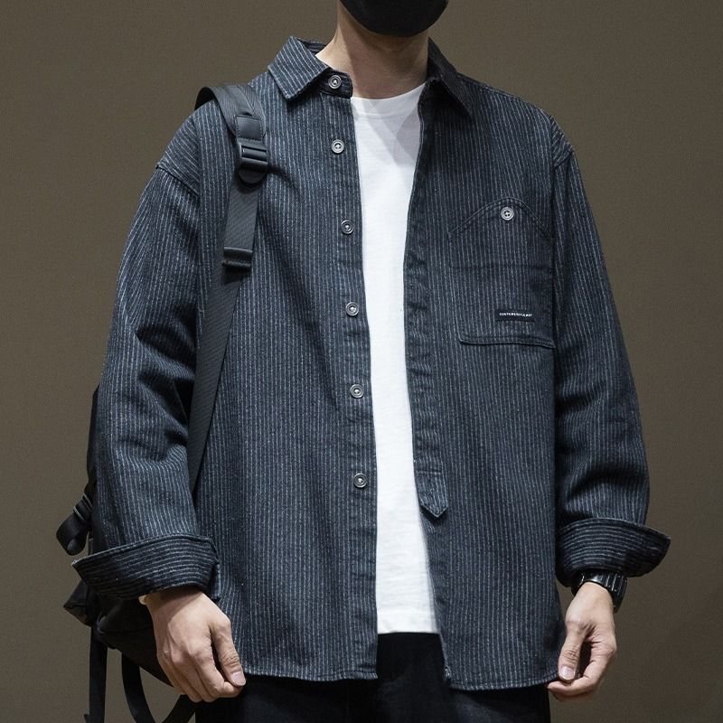 Striped Denim Long Sleeved Shirt, Men's Loose And Fashionable Versatile Shirt Jacket_voghion.com