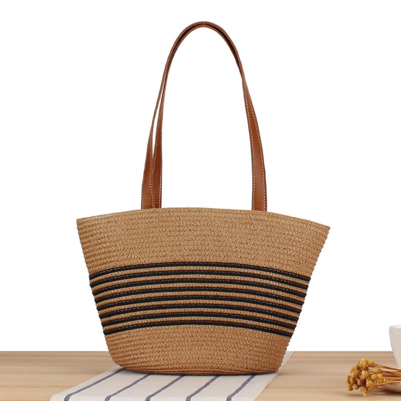 Borsa a tracolla intrecciata con strisce di colore a contrasto Borsa a mano Personalità semplice Borsa tote Borsa da pendolare_voghion.com