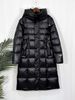 Casaco longo acolchoado feminino - Jaqueta de inverno justa na altura do joelho com 55% de plumas de pato branco, acolchoado de 9 painéis, cintura com cinto e capuz (tamanhos M-2XL)_voghion.com