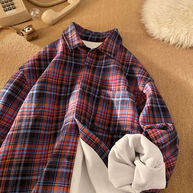 Plush plaid shirt men's autumn new style outdoor trendy brand casual jacket high street versatile and cool shirt_voghion.com