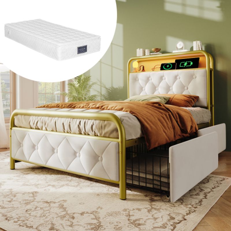 Polsterbett Einzelbett Mit Aufladen USB Type C Ladefunktion APP-Control LED Bettgestell Metallbett 90×200 Bettrahmen und 2 Schubladen, Samt (Mit Matratze)_voghion.com