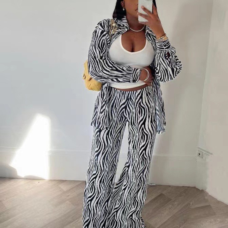 Damenbekleidung Plisseemuster Langarmhemd Hose mit weitem Bein Zweiteiliger Anzug Damen Herbstmode Freizeitanzug_voghion.com