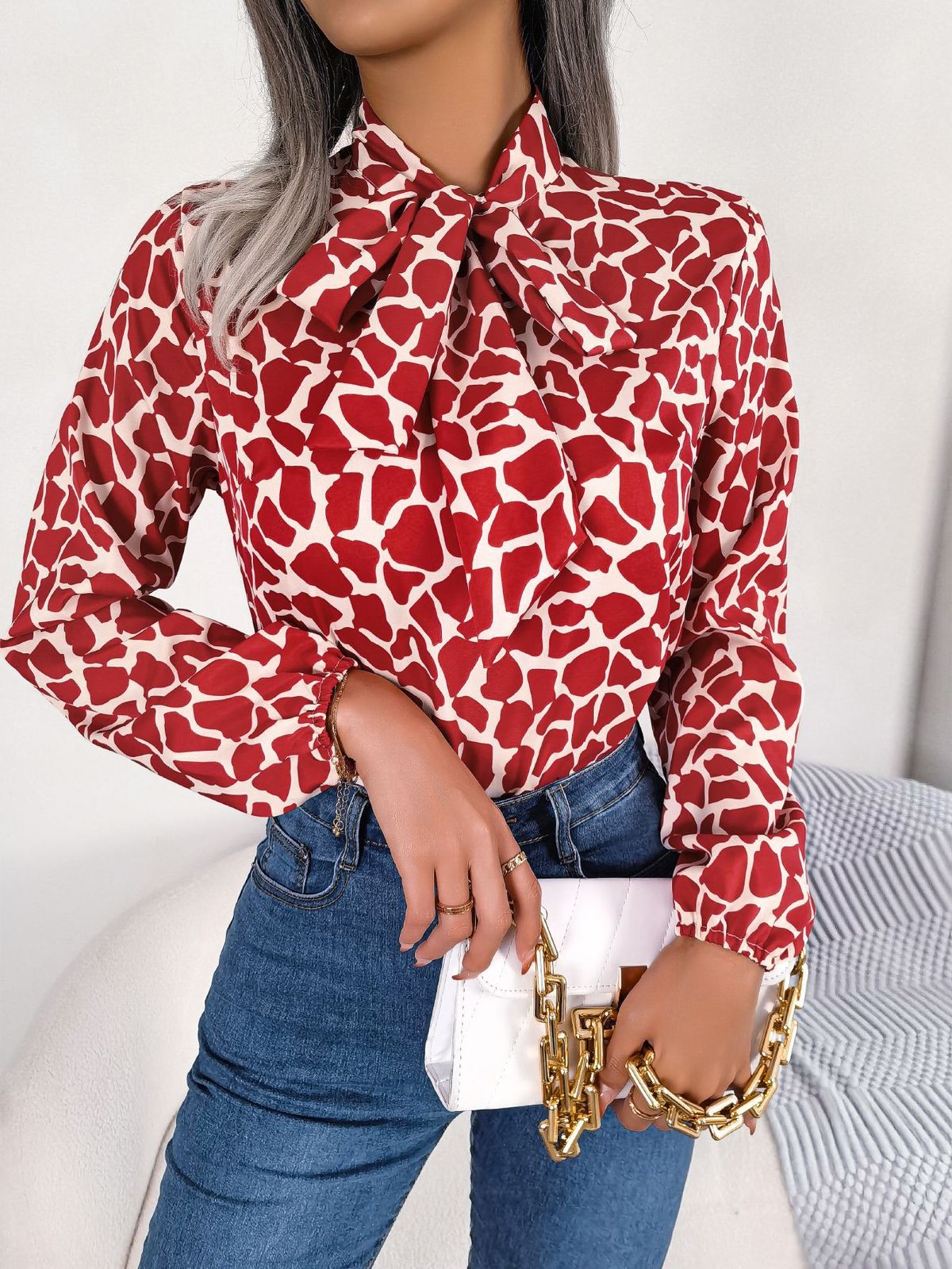 Ženska oblačila Real shot in style Jesensko-zimski stil Ženska oblačila s kontrastnimi barvami na vezalke z lantern rokavi in srajco iz šifona_voghion.com