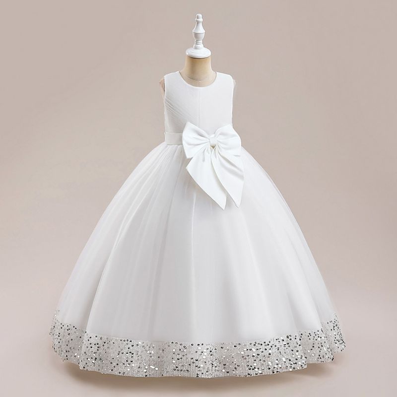O vestido da nova menina traz uma saia longa princesa com laço de cetim para a filha mais velha_voghion.com
