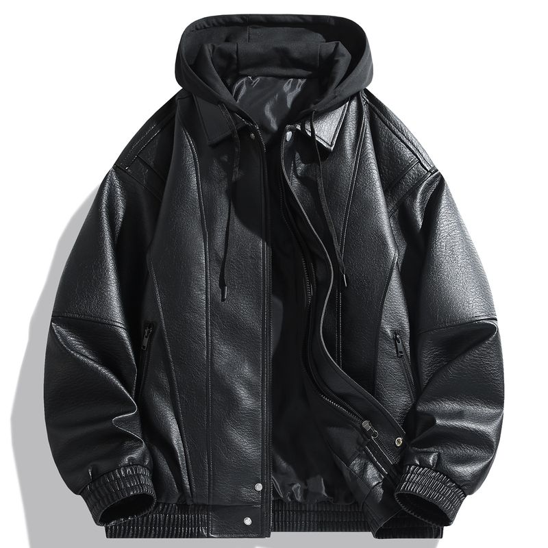Giacca da motociclista in similpelle da uomo - Cappotto con cappuccio in PU effetto invecchiato e strato interno rimovibile (2 colori, M-3XL)_voghion.com