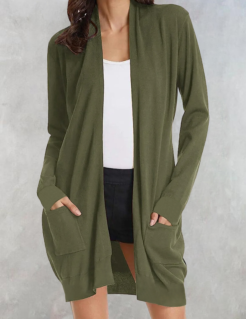Modisches, lässiges, einfarbiges, langärmliges, mittellanges Cardigan-Oberteil für Damen_voghion.com