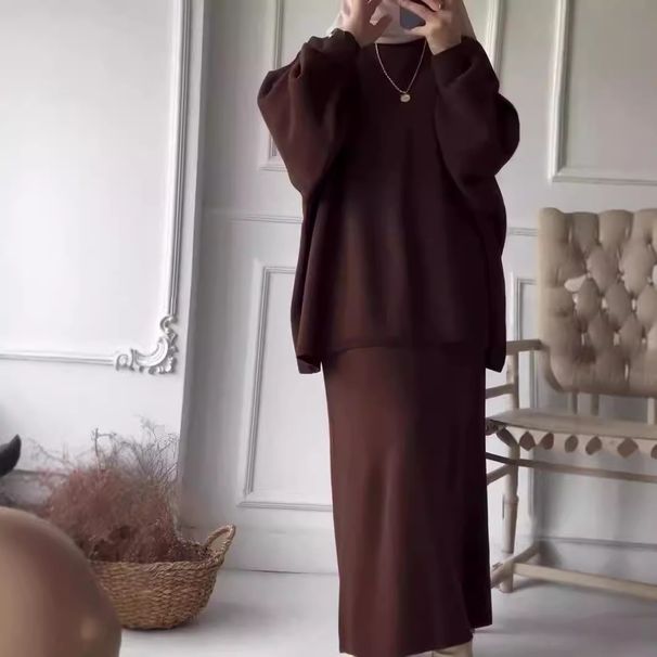 Női ruházat Őszi és téli lusta stílus divatos kötött bő hosszú ujjú pulóver csípő egyenes szoknya kosztüm_voghion.com