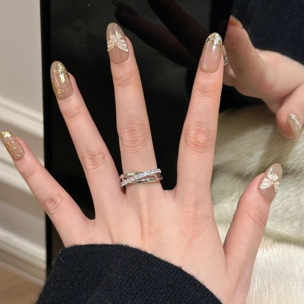 Anel feminino leve, luxuoso e elegante com três círculos e diamante incrustado, design de nicho em duas cores, personalidade moderna, anel aberto para dedo indicador_voghion.com