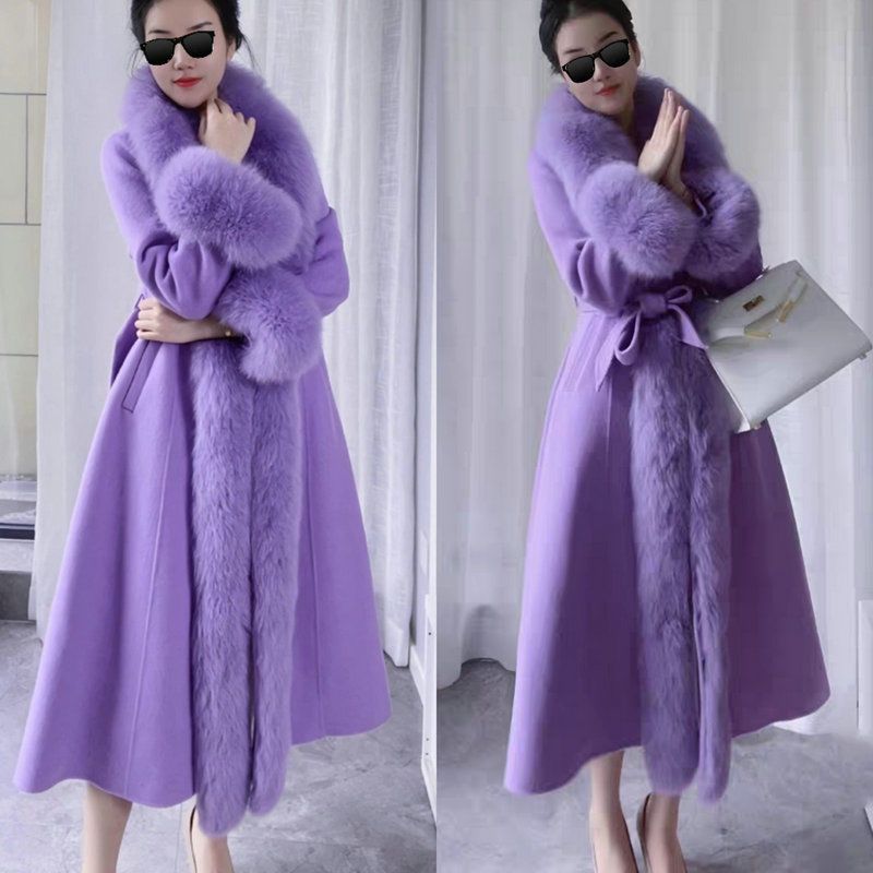 Luxury Faux Fur Coat Women's Long Coat With Belted Waist, Soft Faux Wool & Fox Fur Style, Warm Winter Outerwear For Plus Size_voghion.com