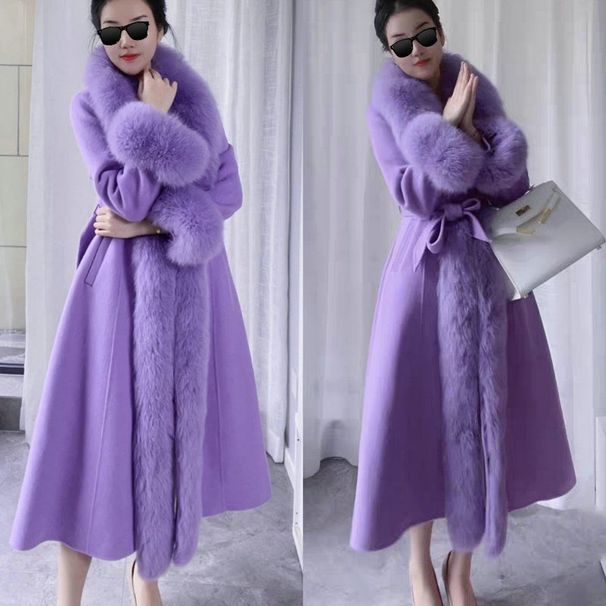 Luxury Faux Fur Coat Women's Long Coat With Belted Waist, Soft Faux Wool & Fox Fur Style, Warm Winter Outerwear For Plus Size_voghion.com