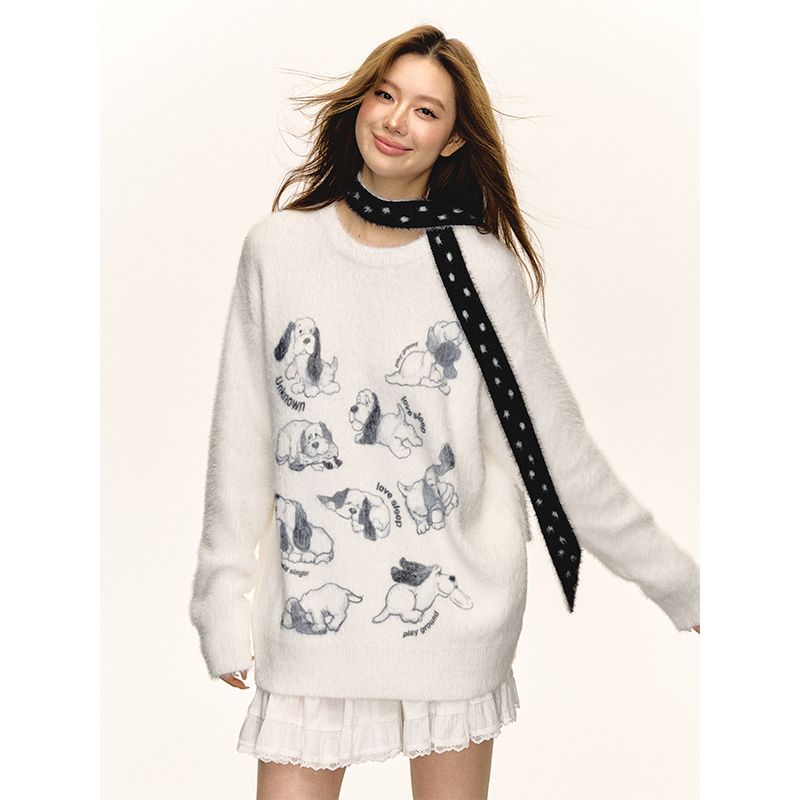 Aaisup Cartoon Puppy Scarf Mohair Sweater For Women Soft And Cozy Lazy High-end Feel 2024 New Knitted Top_voghion.com