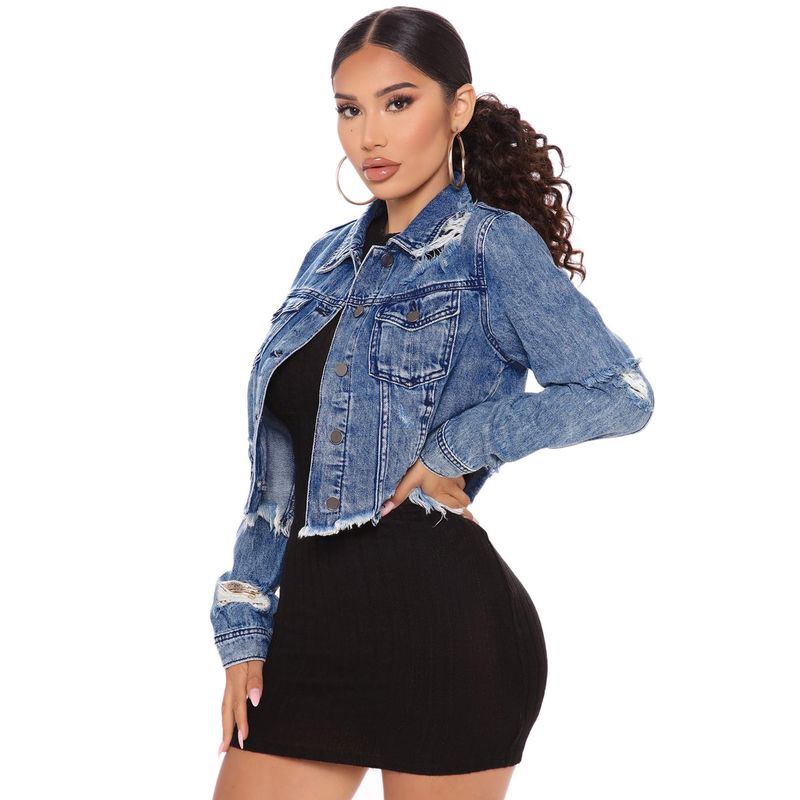Women's fashion personality ripped fringe short vintage long sleeve jacket denim jacket_voghion.com