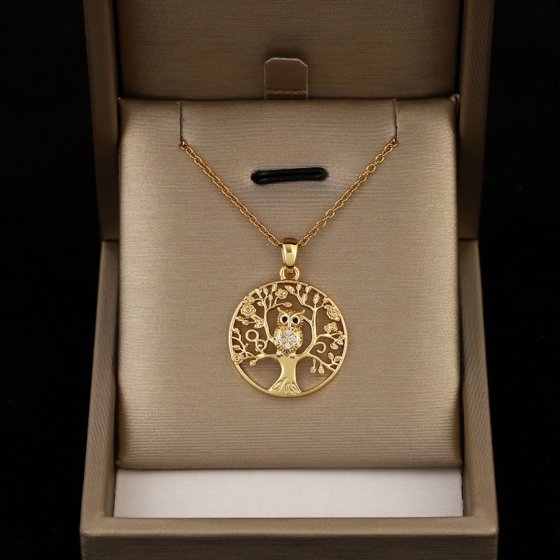 【Galvanoplastie en or véritable】 Collier pendentif hibou arbre de vie doré avec un luxe léger et un design unique_voghion.com