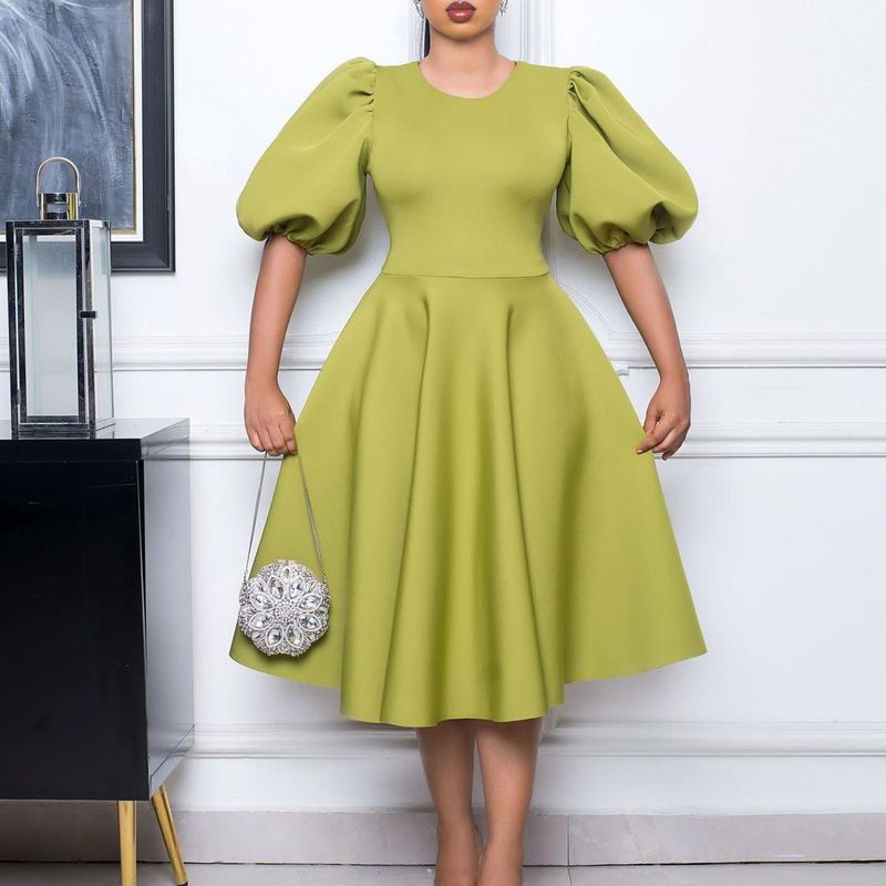Dameskleding Dames Ronde Hals Temperament Bubbel Mouw Gewikkelde Taille Grote Swing Jurk A-lijn Jurk_voghion.com
