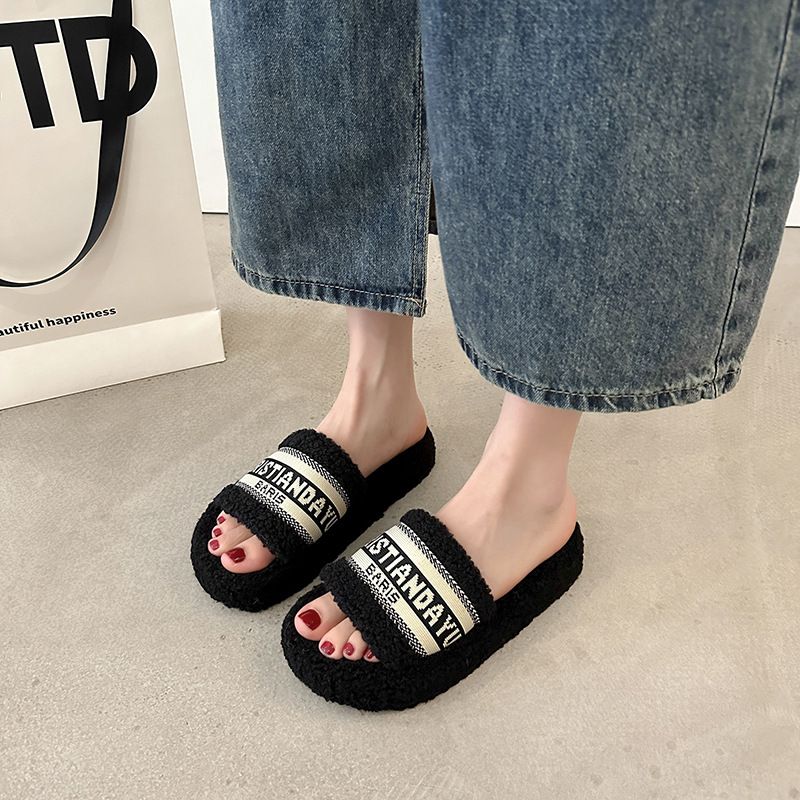 Dikke bodem brief bont pantoffels dames casual bovenkleding warm thuis woord katoenen pantoffels dames 2023 herfst en winter nieuwe stijl_voghion.com