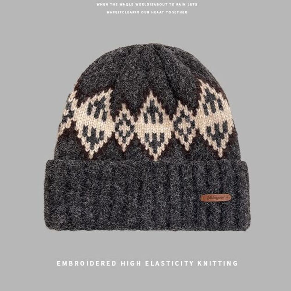 Fleece-Lined Knitted For Men Fair Isle Knit Head Wrap Black Cold Autumn Winter Men's Wool Hat_voghion.com