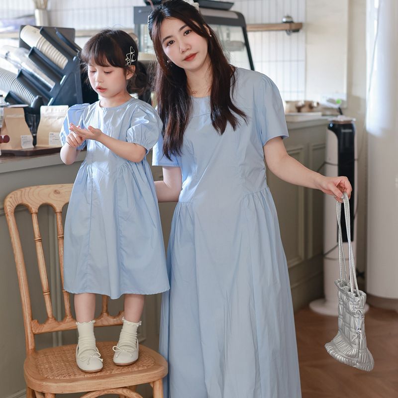 Φόρεμα για μητέρες και παιδιά, καλοκαιρινό φόρεμα για μητέρες και κόρη 2024, με κοντομάνικο τελείωμα στη μέση, από καθαρό βαμβάκι και κοριτσίστικο ταμπεραμέντο_voghion.com