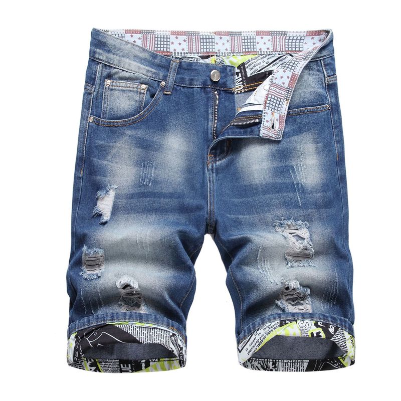 Men's new style worn and holed men's five-point denim shorts trendy slim straight mid-waist pants_voghion.com