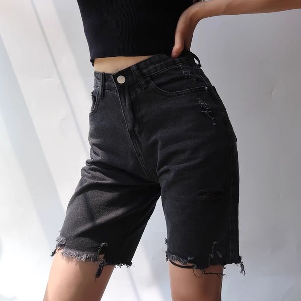 Women's Clothing Ripped Denim Shorts High Waist Black Loose Mid Length Pants Straight Five Point Pants_voghion.com