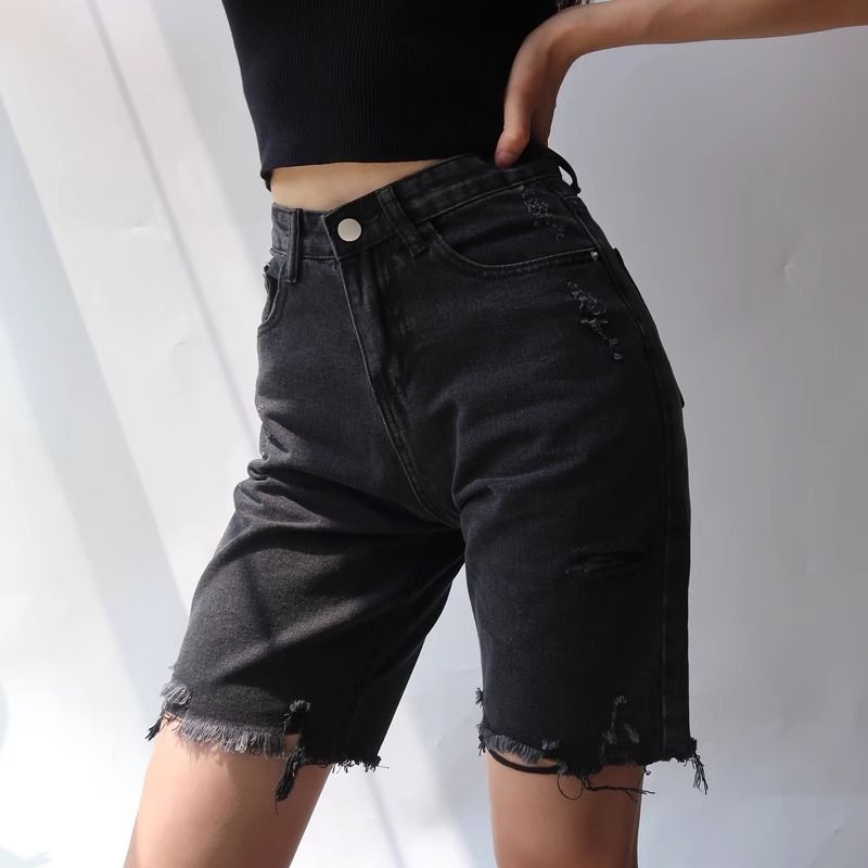 Damenbekleidung Zerrissene Jeans-Shorts Hohe Taille Schwarze lockere mittellange Hose Gerade Fünf-Punkt-Hose_voghion.com