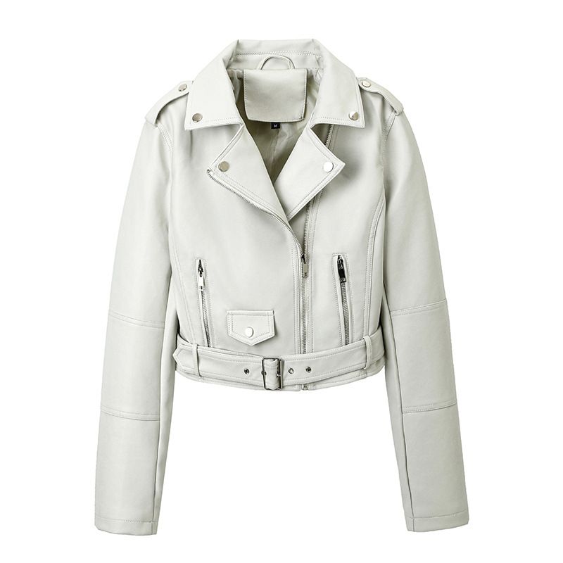 Veste de moto en similicuir pour femme avec ceinture ajustable, coutures princesse et fermeture éclair - Noir, marron clair, ivoire_voghion.com