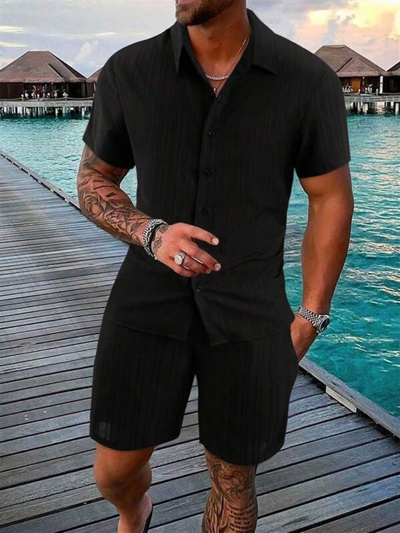 Camicia da uomo con risvolto a righe, pantaloncini, tuta sportiva casual alla moda_voghion.com