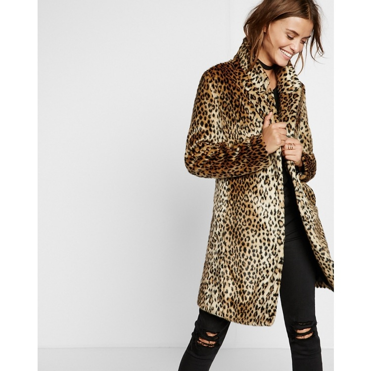 Sieviešu mākslīgās kažokādas mētelis Ziemas mētelis Leopard apdrukas vidēja garuma mākslīgās kažokādas mētelis_voghion.com