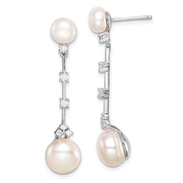 Sterling Silver Rhodium-plated CZ FWC Button Pearl Dangle Post Earrings_voghion.com