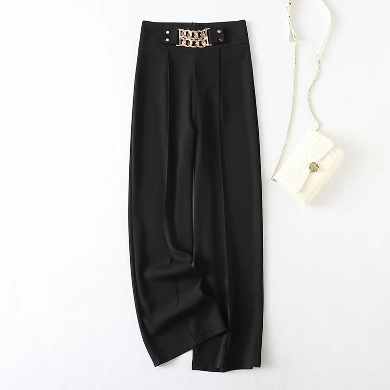 Women's elegant solid color slightly elastic breathable high-waist chain decorated slim wide-leg pants_voghion.com