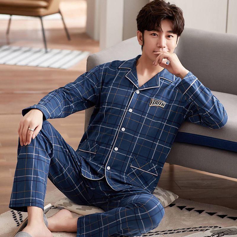 Medvilninės pižamos pavasariui ir rudeniui, ilgomis rankovėmis, 2024 m., naujas vyriškas didelis vidutinio amžiaus namų apstatymo komplektas._voghion.com