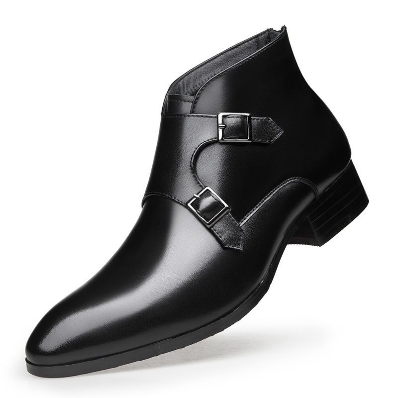 Genuine men's short boots, winter plush insulation, pointed high top leather shoes, British style_voghion.com