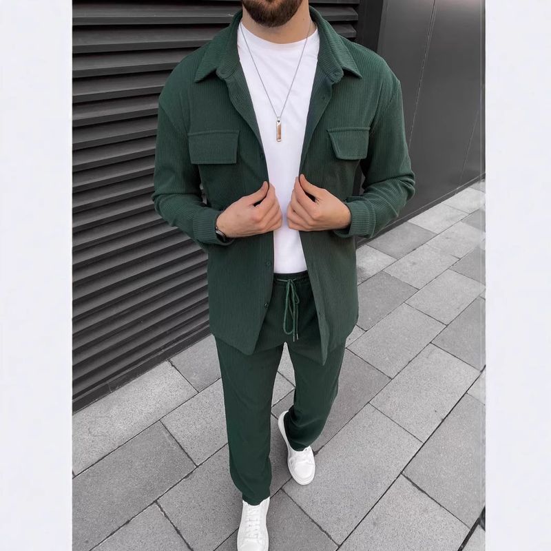 Completo da uomo in velluto a coste casual con maniche lunghe, giacca e pantaloni in due pezzi per primavera e autunno_voghion.com