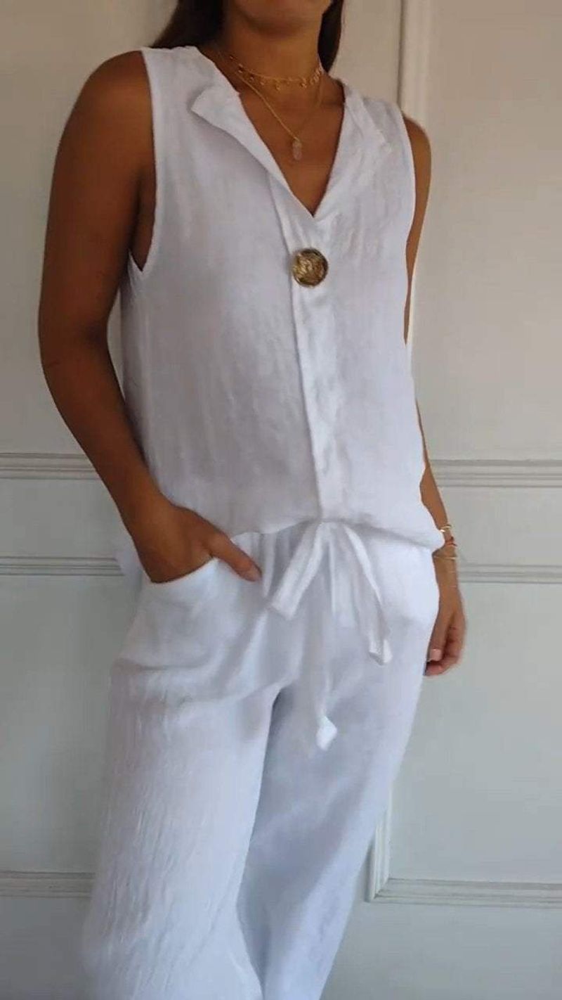 Camicia casual senza maniche in cotone e lino con scollo a V da donna_voghion.com