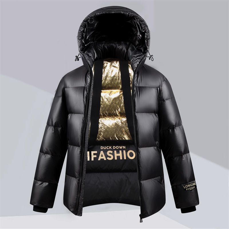 Unisex Black & Gold Short Puffer Jacket – Windproof Quilted Coat With Duck Down Fill For Winter Warmth_voghion.com