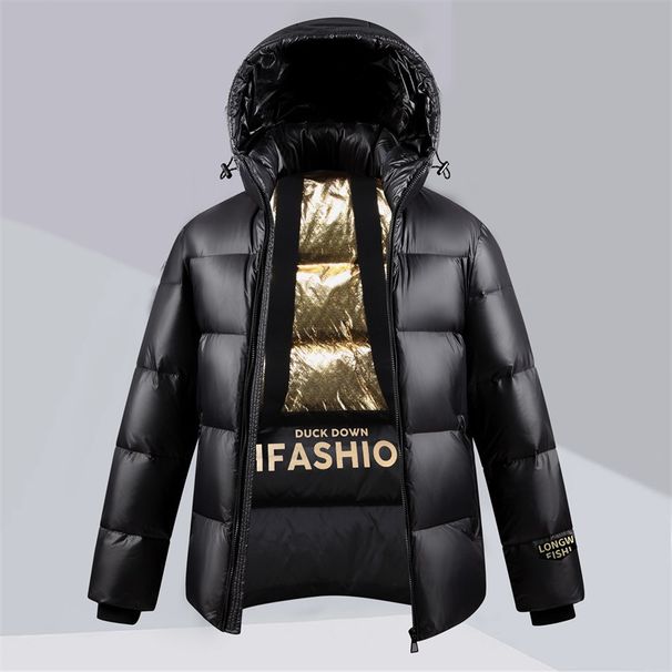 Unisex Black & Gold Short Puffer Jacket – Windproof Quilted Coat With Duck Down Fill For Winter Warmth_voghion.com
