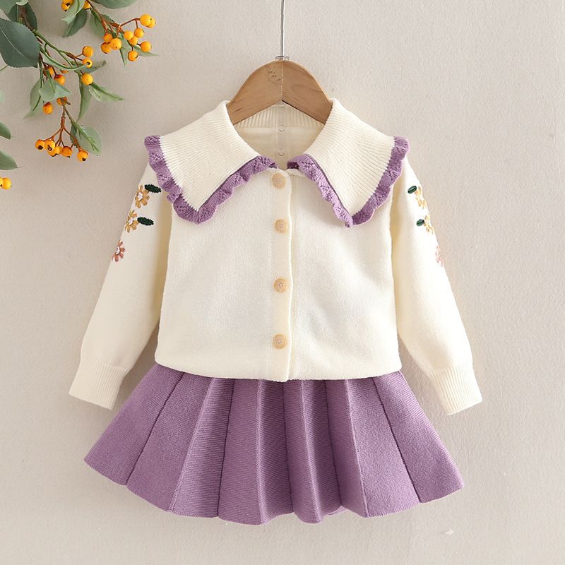 Hot Sale 2025 Autumn And Winter New Products Girls Embroidered Lapel Cardigan Sweater Skirt Suit_voghion.com