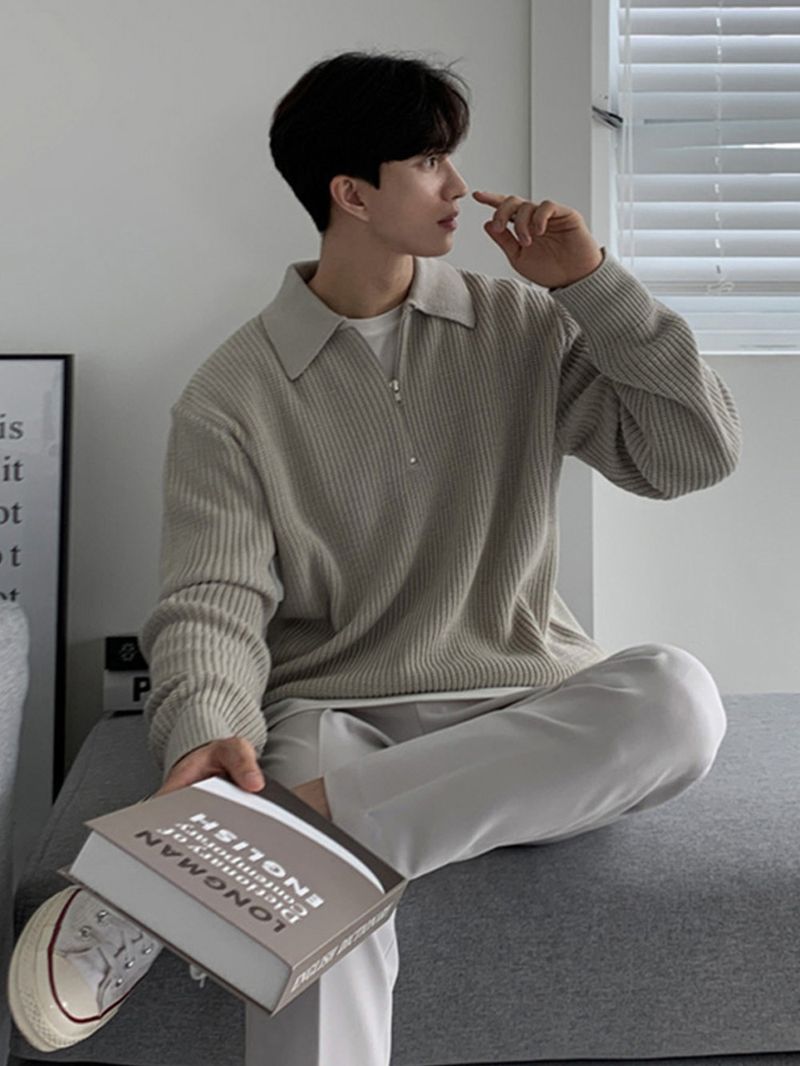 Reißverschluss Herren Revers koreanische Version lässig langärmeligen einfarbigen gestrickten Pullover Top Mantel trendigen_voghion.com