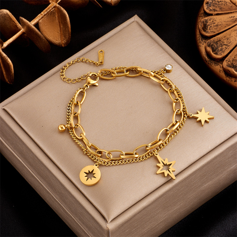 Bracciale in acciaio al titanio con catena a doppio strato e strass a forma di esagramma cavo, design di alta gamma e di nicchia alla moda_voghion.com
