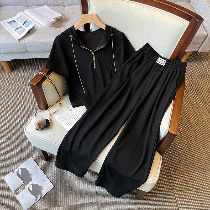 Damenbekleidung neue fette mm Mode Sport Kapuzen Alter Reduzierung schlank T-Shirt breite Beinhose lässig zweiteiliger Anzug_voghion.com