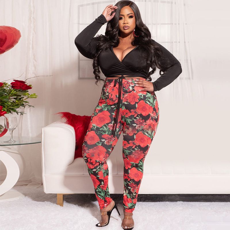 Women's Printed Lace Deep V Tight Sexy ElasticWomen's Fashion Plus size Set_voghion.com