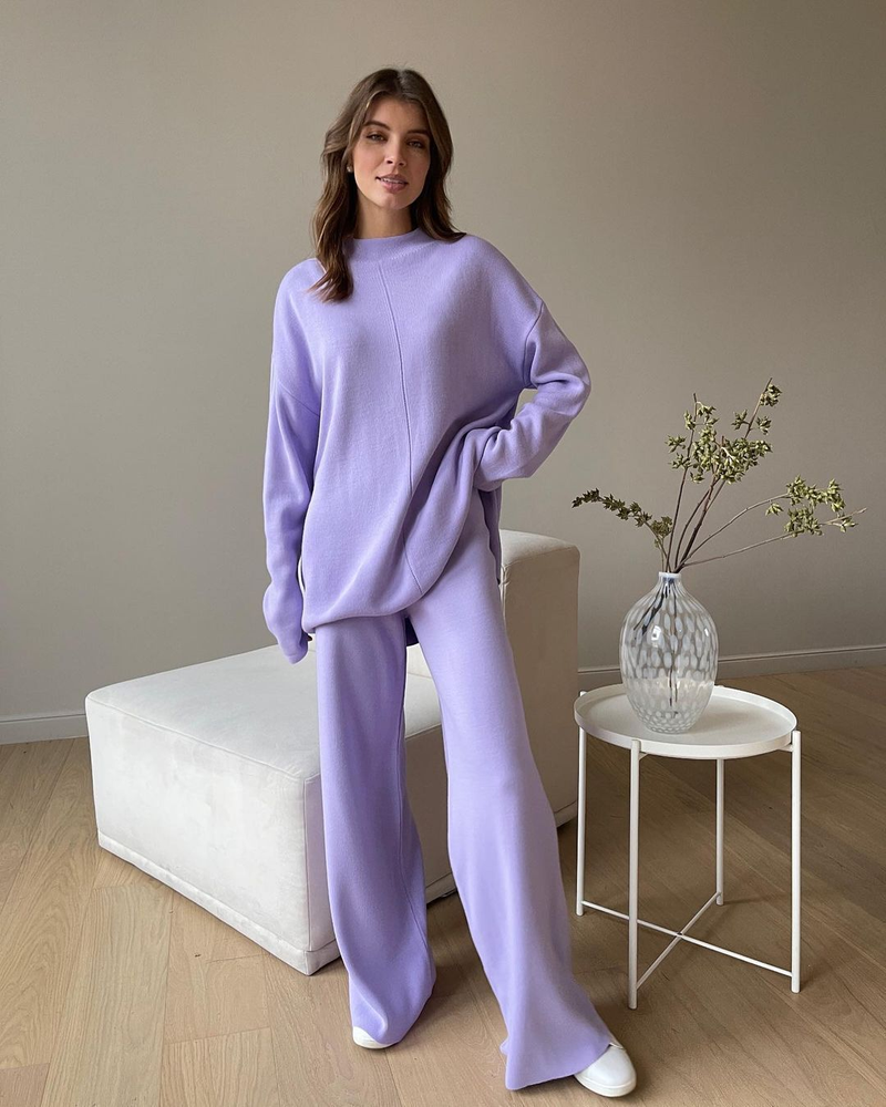 Damemode todelt langærmet løs afslappet sweater strikket topbuksedragt_voghion.com