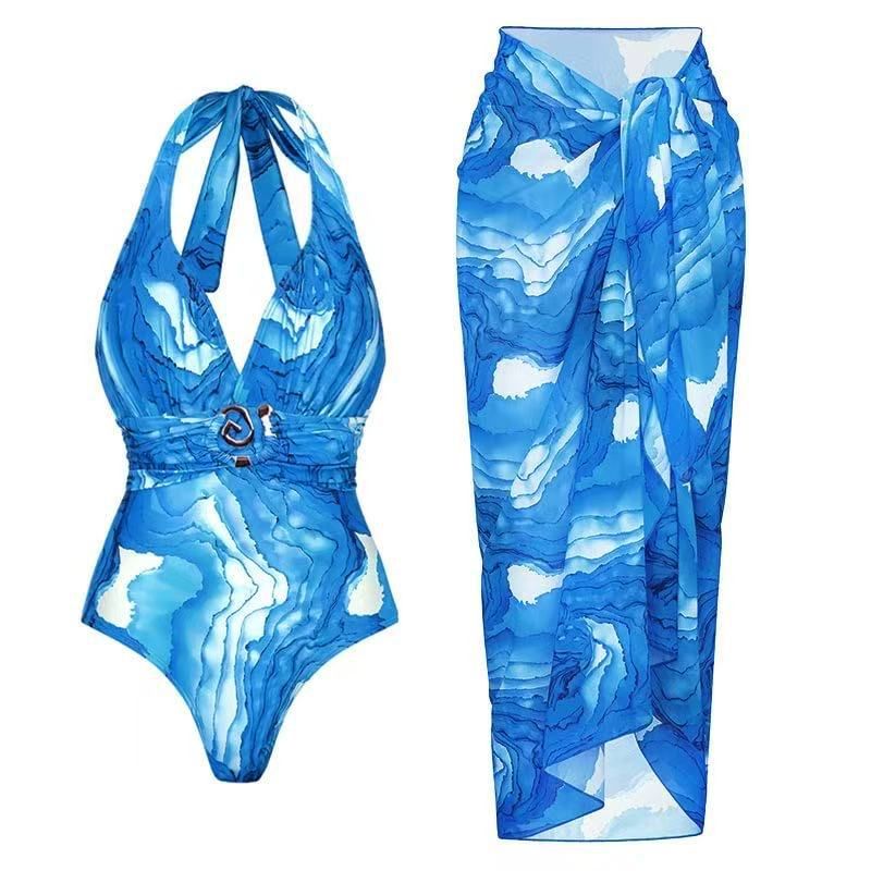 Damenbekleidung Bedruckter Badeanzug Sexy Deep V Spitzen Neckholder Gaze Badeanzug_voghion.com