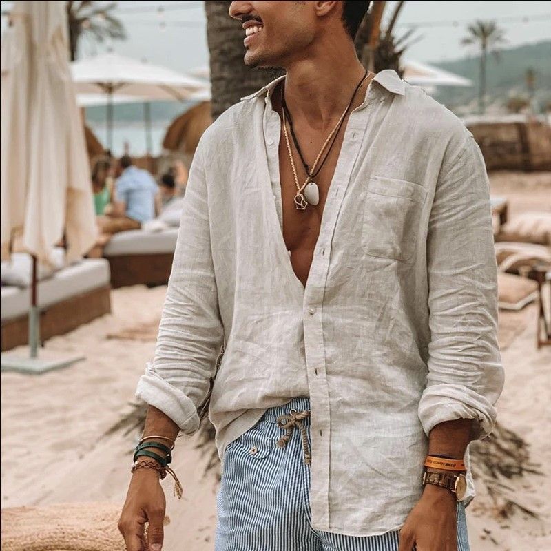 Camisa de playa tipo cárdigan de manga larga con solapa informal, holgada, de lino y algodón de color liso para hombre_voghion.com
