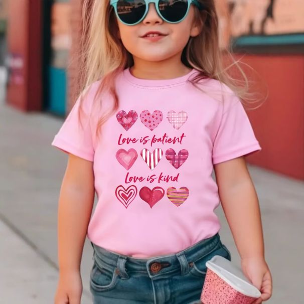 Kinderkleidung, T-Shirt mit Liebesmuster und Rundhalsausschnitt, kurzärmelig, lässige Sommermode, geeignet für 1–8 Jahre_voghion.com