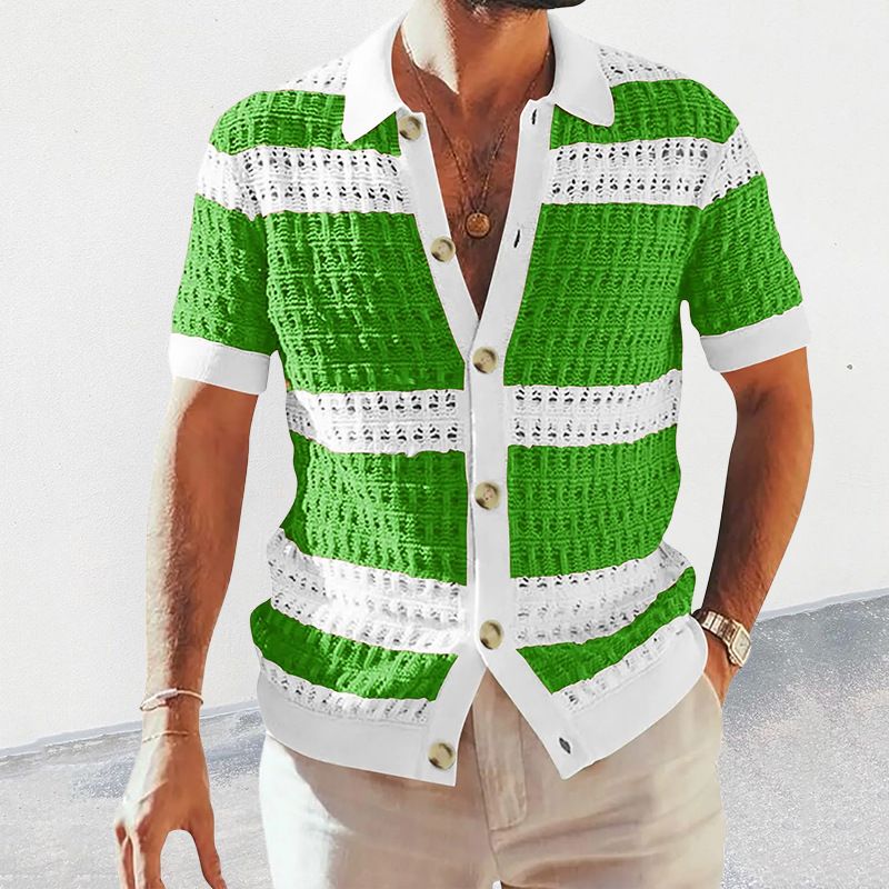 Men's new summer jersey lapel short sleeve color cutout cardigan men's wear_voghion.com