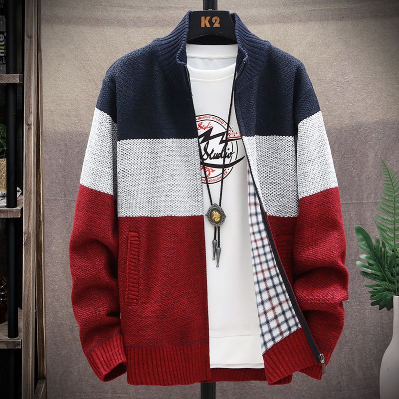 Abbigliamento maschile Autunno e inverno Cardigan lavorato a maglia con collo alto foderato in pile Giacca da uomo abbinata ai colori Giacca alla moda Maglione largo Taglia grande_voghion.com