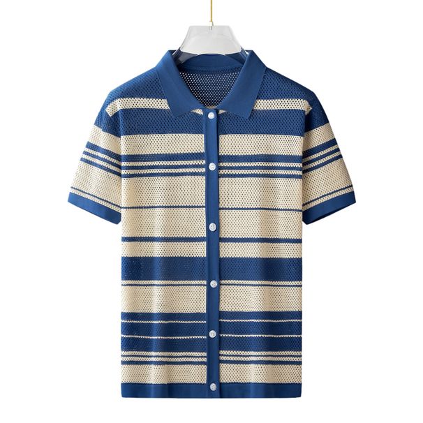 Maglietta cardigan in maglia a maniche corte da uomo, casual e ampia, traspirante, a righe blu e bianche traforate_voghion.com