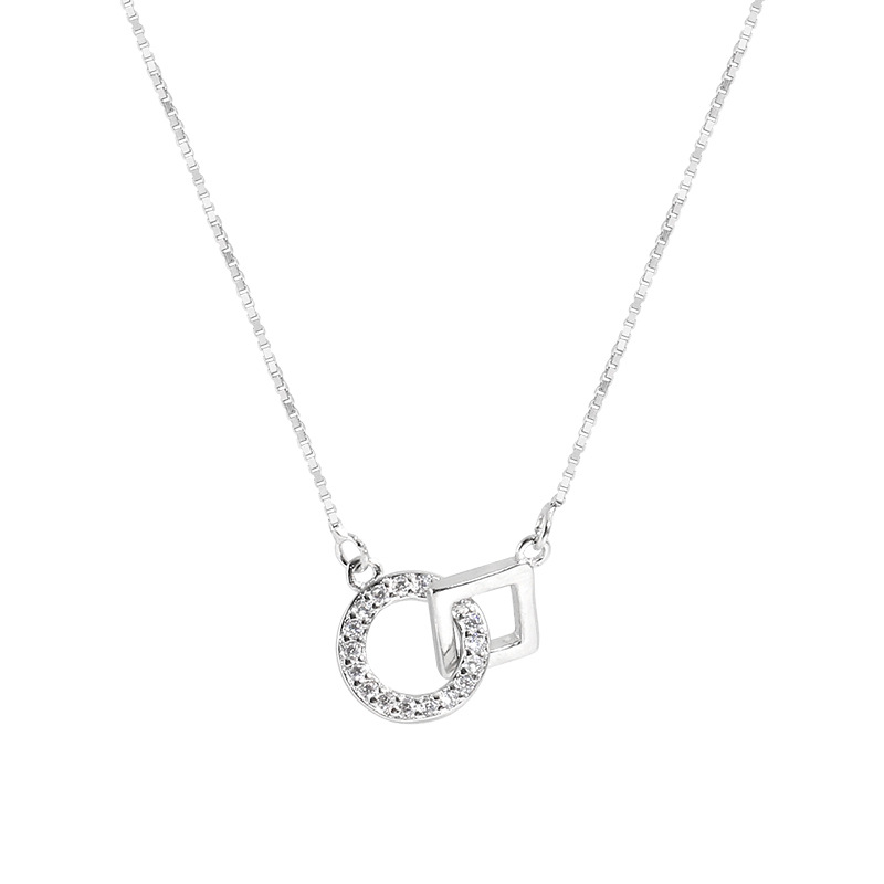 Sier VENUS Sterling Fashion Square Interlocking Round Zircone Collana femminile semplice catena di gioielli con clavicola_voghion.com