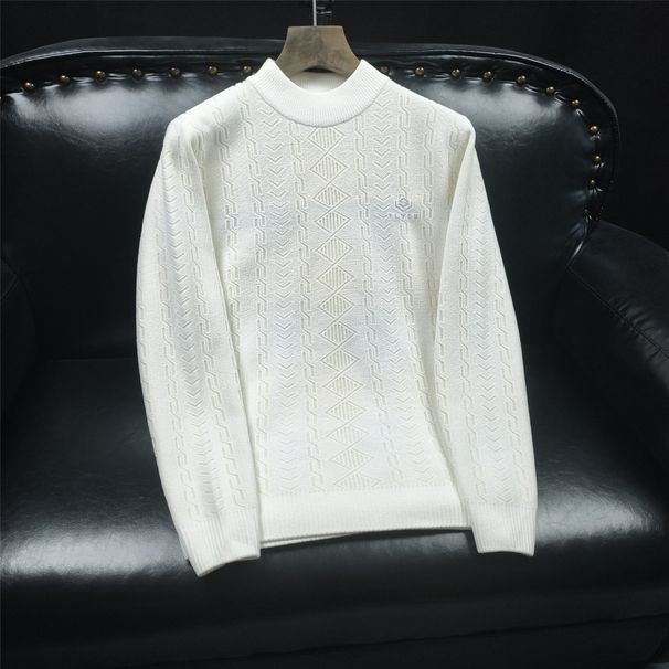 Men's Chunky Knit Sweater - Winter Cable Knit Pullover With Round Neck, Long Sleeve, Oversized Fit, White & Beige (Sizes M-3XL)_voghion.com