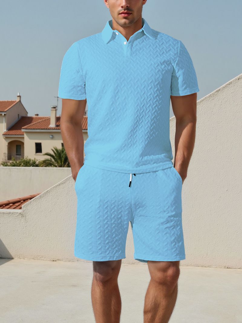 Camicia sportiva casual a maniche corte sottile in tessuto jacquard con risvolto da uomo_voghion.com